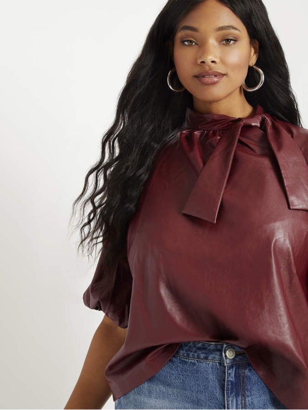 Eloquii Faux Leather Burgundy blouse with a bow